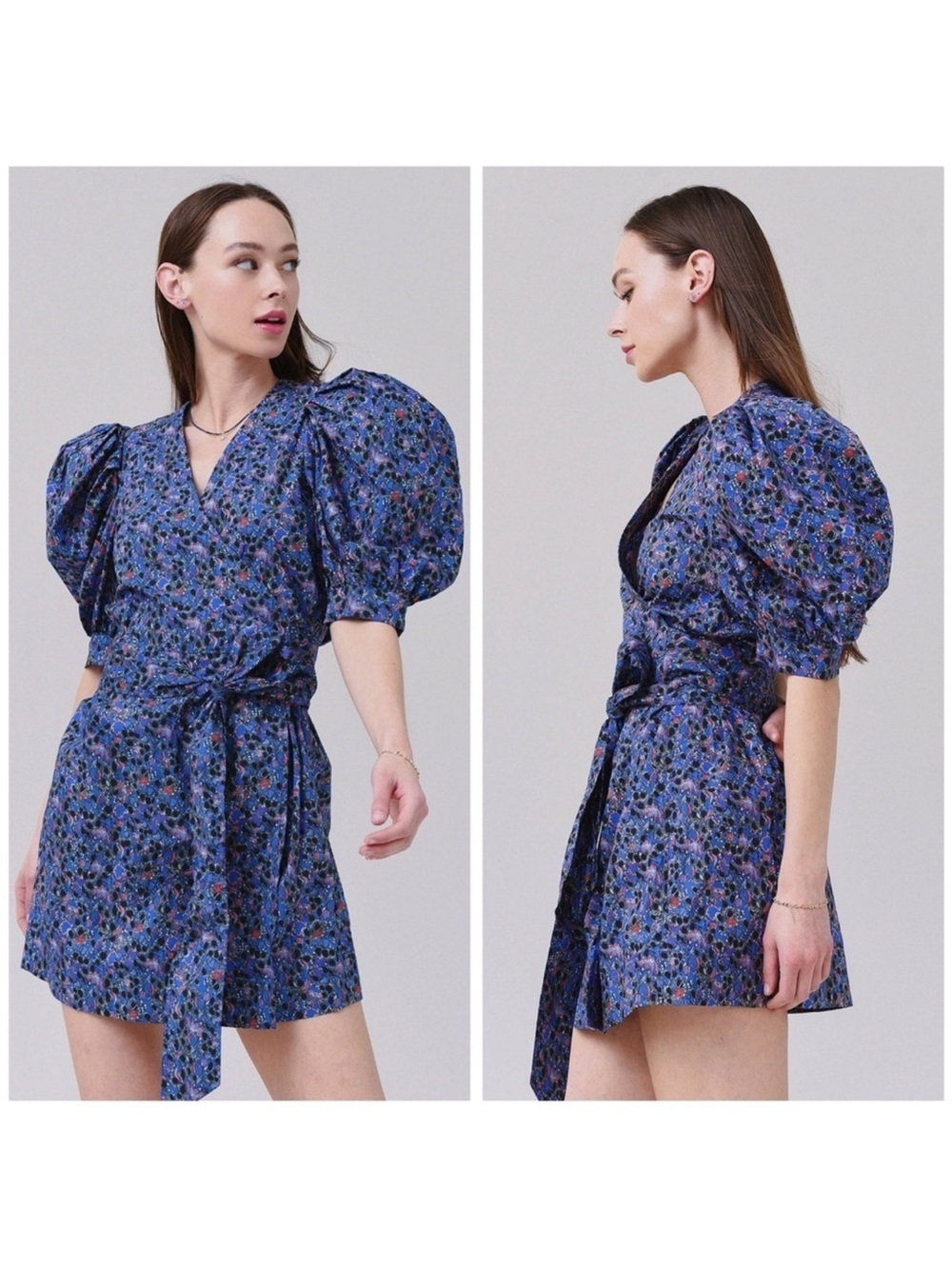 Hunter Bell Hampton Puff-Sleeve Wrap Mini Dress – Blue Floral Size S​​